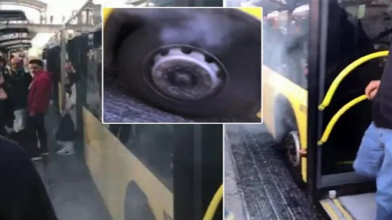 arızalanan metrobüsün tekerleklerinden dumanlar yükseldi