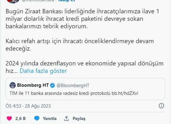 Bakan Şimşek Açıkladı: 1 Milyar Dolar Kredi Paketi Devrede!