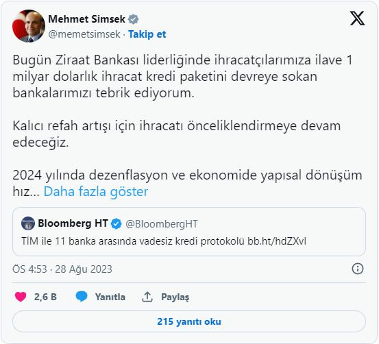 Bakan Şimşek Açıkladı: 1 Milyar Dolar Kredi Paketi Devrede!
