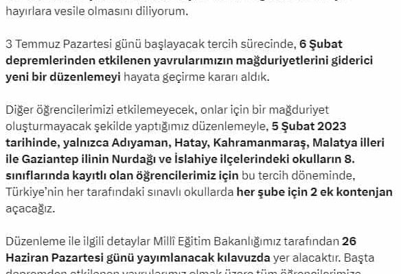 Deprem Mağduru Öğrencilere Müjdeli Haber: 8. Sınıf Öğrencilerine Ek Kontenjan Açılacak! 