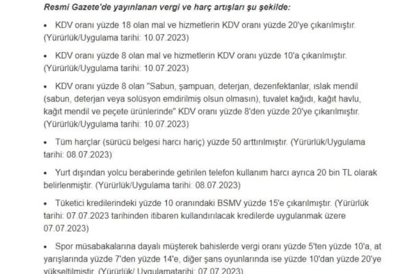 Resmi Gazete’de Yayımlanan KDV ve Harç Zamları 