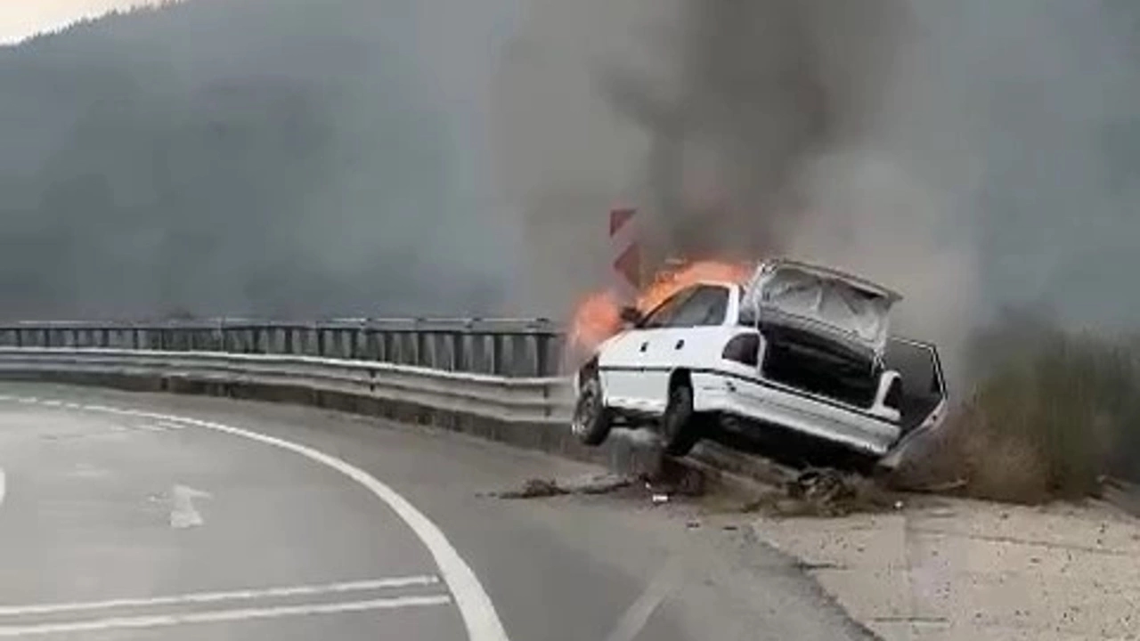 yenişehirde trafik kazasında otomobil alev aldı