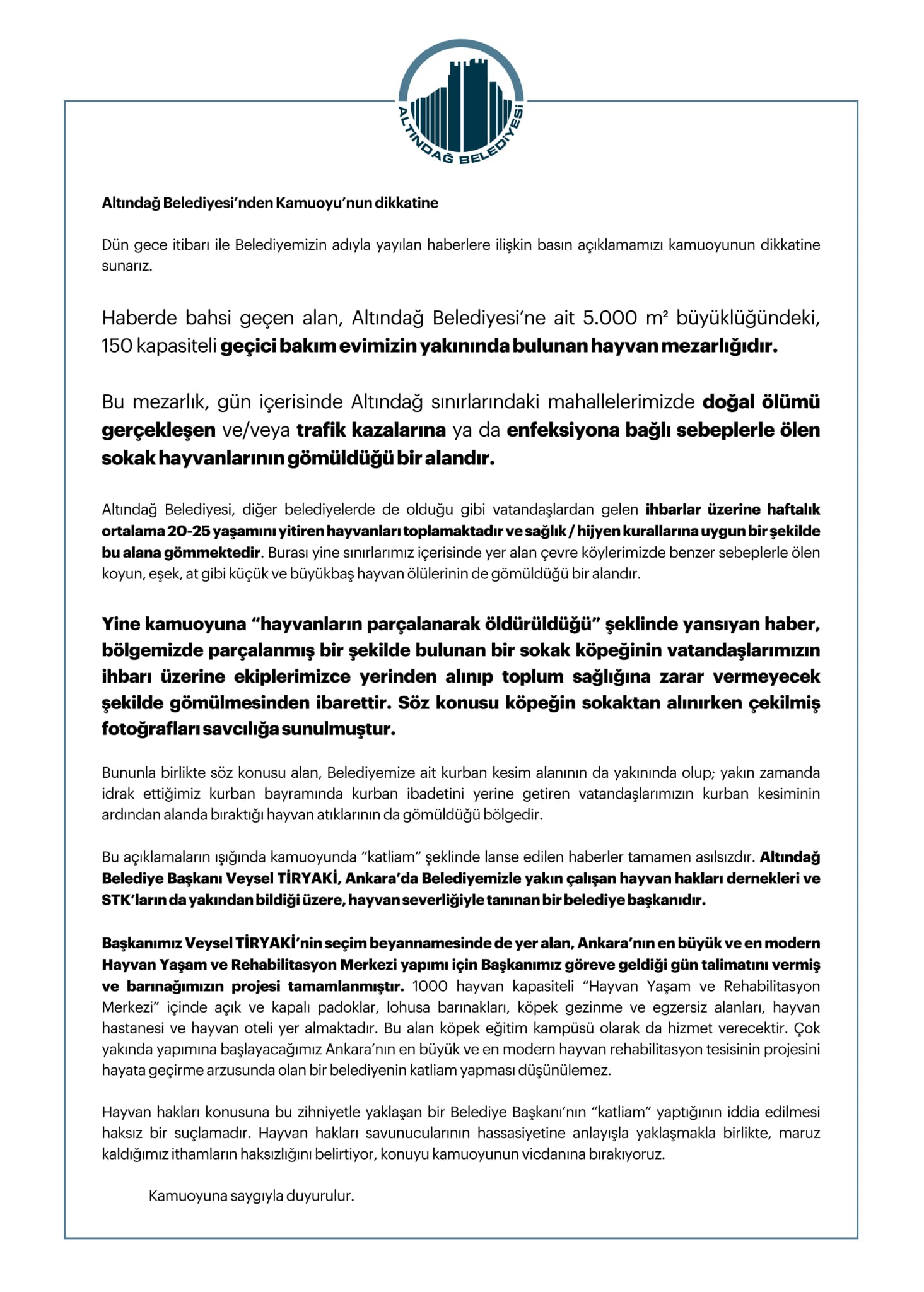 Ankara Altındağ Belediye'sinden yapılan resmi duyuru