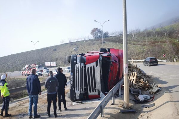Bursa’da devrilen ahşap yüklü tırın sürücüsü yaralandı haberi