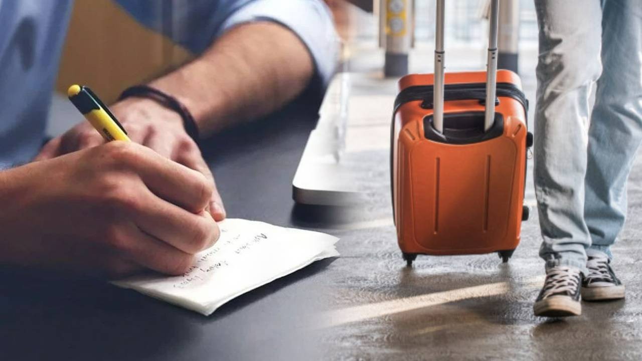 Masa başı çalışan bir kişi ve yanında bavul taşıyan bir kişi