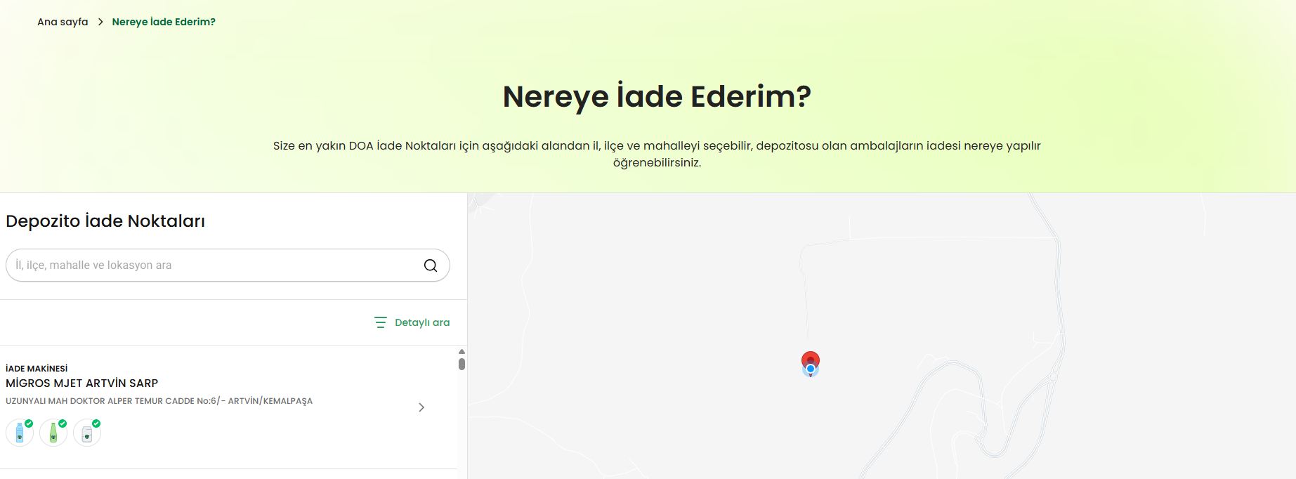 Doa Geri Dönüşüm makinesi noktalarını gösteren harita